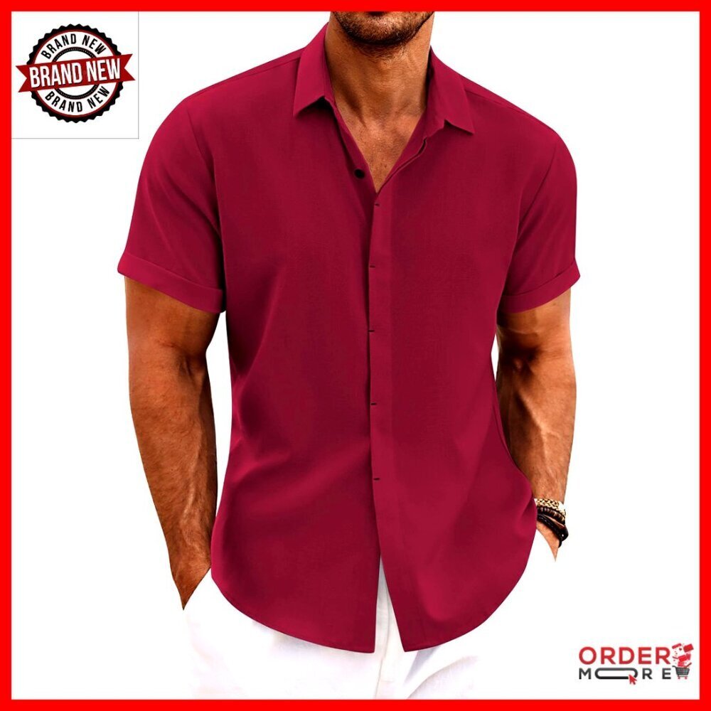 Men's Linen Short Sleeve Button Down Shirt Casual Beach Wedding Summer